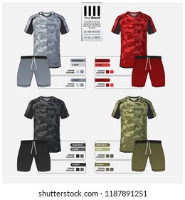 Soccer jersey or football kit template design for football club. Set of green, gray, black, red camouflage pattern football shirt  and shorts mock up. Front and back view soccer uniform. Vector.
