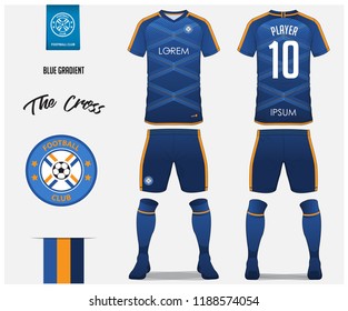 Soccer Jersey Or Football Kit Template Design For Football Club. Blue Gradient Football Shirt With Socks And Blue Shorts Mock Up. Front And Back View Soccer Uniform. Football Logo Design. Vector.