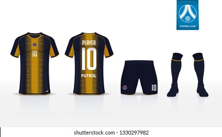 Soccer jersey or football kit template design for sport club. Football t-shirt sport, shorts and socks  mock up. Front and back view soccer uniform. Flat football logo design. Vector Illustration.