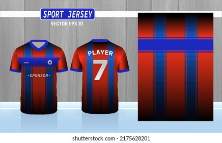 Soccer jersey or football kit template for football club. Red and blue stripe football shirt with mock up. Front and back view soccer uniform. Sports t-shirt jersey design flat sketch illustration.