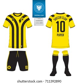 Soccer jersey or football kit template for football club. Football team t shirt mock up. Front view and back view soccer uniform. Flat football logo on blue label. Vector Illustration.