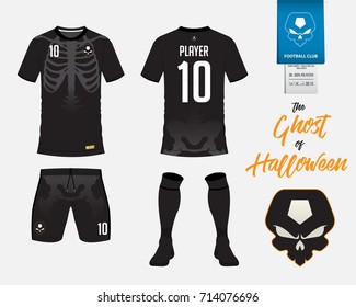 Soccer jersey or football kit template in Halloween concept. Football t shirt mock up. Front and back view soccer uniform. Football logo on label in flat design. Vector Illustration.