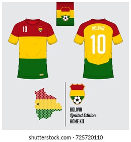 Soccer jersey or football kit, template for Bolivia National Football Team. Front and back view soccer uniform. Flat football logo on Bolivia flag label, map in hexagon pattern. Vector Illustration.