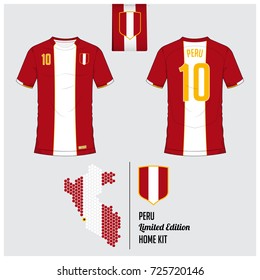 Soccer jersey or football kit, template for Peru National Football Team. Front and back view soccer uniform. Flat football logo on Peru flag label and map in hexagon pattern. Vector Illustration.