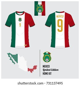 Soccer jersey or football kit, template for Mexico National Football Team. Front and back view soccer uniform. Flat football logo on Mexico flag label and map in hexagon pattern. Vector Illustration.