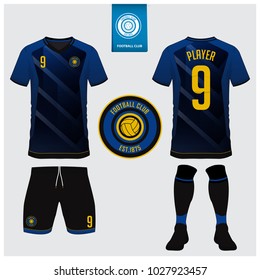 Soccer jersey, football kit, t-shirt sport, short, sock template design. Blue and black football tshirt mock up. Front, back view soccer uniform. Flat football logo on blue label. Vector Illustration