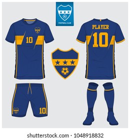 Soccer jersey, football kit, t-shirt sport, short, sock template design for sport club. Football t-shirt mock up. Front and back view soccer uniform. Flat football logo design. Vector Illustration.