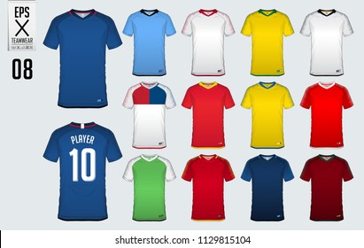 Soccer jersey, football kit, t-shirt sport  template design for sport club. Football t-shirt mock up. Front and back view soccer uniform. Sportswear Catalog. Vector Illustration.