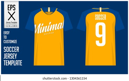 Soccer jersey, football kit or t-shirt sport template design in minimal style for sport club. Football t-shirt mock up. Front and back view soccer uniform. Vector Illustration.