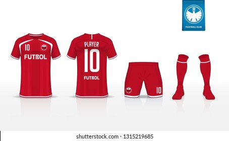 Soccer jersey or football kit t-shirt sport, shorts, sock template design for sport club. Football t-shirt mock up. Front and back view soccer uniform. Flat football logo on blue label. Vector