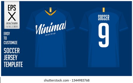 Soccer jersey, football kit or t-shirt sport template design in minimal style for sport club. Football t-shirt mock up. Front and back view soccer uniform. Vector Illustration.