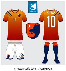 Soccer jersey, football kit, t-shirt sport, short, sock template for sport club. Football t-shirt mock up. Front and back view soccer uniform. Flat football logo on blue label. Vector Illustration.