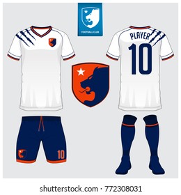 Soccer jersey, football kit, t-shirt sport, short, sock template for sport club. Football t-shirt mock up. Front and back view soccer uniform. Flat football logo on blue label. Vector Illustration.