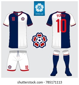 Soccer jersey, football kit, t-shirt sport, short, sock template for sport club. Football t-shirt mock up. Front and back view soccer uniform. Flat football logo on blue label. Vector Illustration.