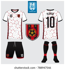Soccer jersey, football kit, t-shirt sport, short, sock template for sport club. Football t-shirt mock up. Front and back view soccer uniform. Flat football logo on blue label. Vector Illustration.
