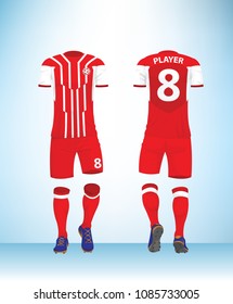 Soccer jersey or football t-shirt mock up. Front and back view red uniform. Vector Illustration.