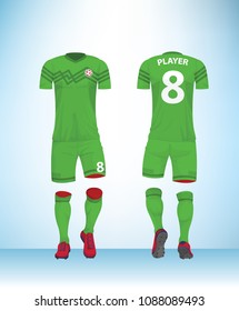 Soccer jersey or football t-shirt mock up. Front and back view green uniform. Vector Illustration.