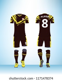 Soccer jersey or football t-shirt mock up. Front and back view black uniform. Vector Illustration.