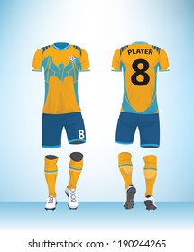 Soccer jersey or football t-shirt mock up. Front and back view blue yellow uniform. Vector Illustration.