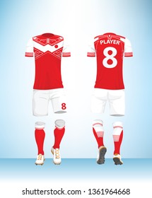 Soccer jersey or football t-shirt mock up. Front and back view red uniform. Vector Illustration.