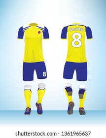 Soccer jersey or football t-shirt mock up. Front and back view yellow, blue uniform. Vector Illustration.