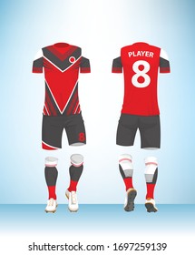 Soccer jersey or football t-shirt mock up. Front and back view red white and black uniform. Vector Illustration.