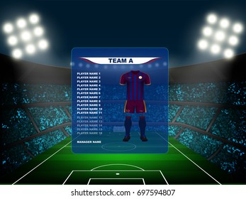 soccer jersey kit with team statistics board on soccer stadium and crowd fan with spot light backdrop on night time. Concept for sport result background in vector illustration