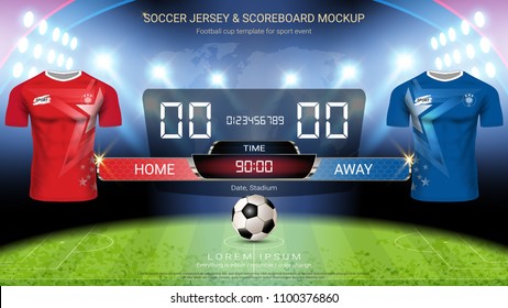 Soccer jersey mock-up team A vs team B, Digital timing scoreboard match vs strategy broadcast graphic template for presentation score or game results (EPS10 vector can change all design parts)