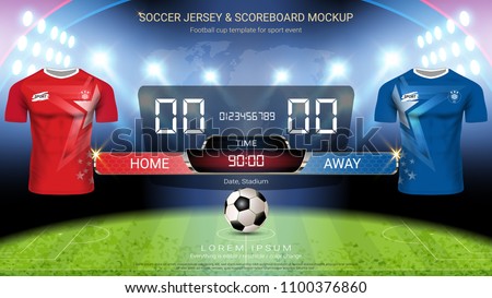 Soccer jersey mock-up team A vs team B, Digital timing scoreboard match vs strategy broadcast graphic template for presentation score or game results (EPS10 vector can change all design parts)