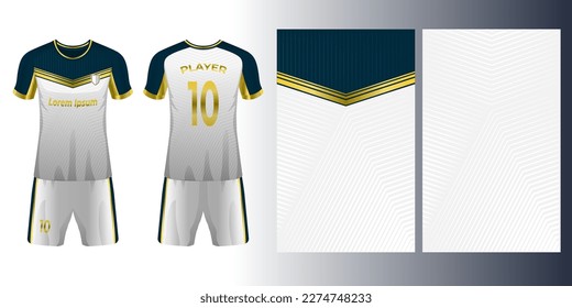 Soccer jersey mockup White, dark blue and gold color for football club. with texture design front and back view.