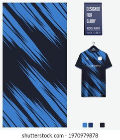 Soccer jersey pattern design. Abstract pattern on blue background for soccer kit, football kit, bicycle, e-sport, basketball, t-shirt mockup template. Fabric pattern. Sport background. Vector.