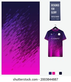 Fußball Jersey Muster Design. Abstraktes Muster auf violettem Hintergrund für Fußball-Kit, Fußballkit, Fahrrad, E-Sport, Basketball, T-Shirt-Mockup-Vorlage. Stoffmuster. Sporthintergrund. Vektorgrafik.