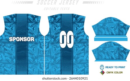 Design de padrão de camisa de futebol. Padrão abstrato no fundo azul para o kit de futebol, kit de futebol, bicicleta, e-sport, basquete, modelo de t-shirt mockup. Padrão de tecido. Resumo.