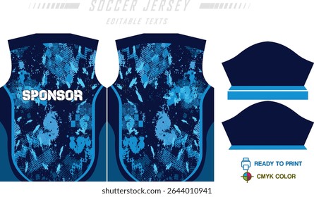 Design de padrão de camisa de futebol. Padrão abstrato no fundo azul para o kit de futebol, kit de futebol, bicicleta, e-sport, basquete, modelo de t-shirt mockup. Padrão de tecido. Resumo.