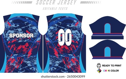 Design de padrão de camisa de futebol. Padrão abstrato no fundo azul para o kit de futebol, kit de futebol, bicicleta, e-sport, basquete, modelo de t-shirt mockup. Padrão de tecido. Resumo.