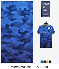 Soccer Jersey Pattern Design. Blue Camouflage Pattern On Navy Blue Background For Soccer Kit, Football Kit, E-sport, Basketball, T Shirt Mockup Template. Fabric Pattern. Abstract Background. Vector