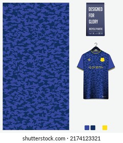 Soccer Jersey Pattern Design. Blue Camouflage Pattern On Navy Blue Background For Soccer Kit, Football Kit, Bicycle, Basketball, T Shirt Mockup Template. Fabric Pattern. Abstract Background. Vector