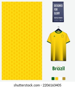 Soccer jersey pattern design. Brazil flag  pattern on yellow background for soccer kit, football kit, bicycle, e-sport, basketball, t shirt mockup template. Fabric pattern. Abstract background. Vector