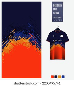 Soccer jersey pattern design. Brushstroke pattern on blue background for soccer kit, football kit, bicycle, e-sport, basketball, t shirt mockup template. Fabric pattern. Abstract background. Vector.