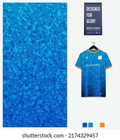 Soccer jersey pattern design. Camouflage pattern on blue background for soccer kit, football kit, bicycle, e-sport, basketball, t shirt mockup template. Fabric pattern. Abstract background. Vector.