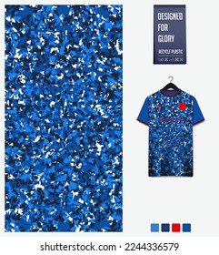 Soccer jersey pattern design. Camouflage pattern on blue background for soccer kit, football kit, bicycle, e-sport, basketball, t shirt mockup template. Fabric pattern. Abstract background. Vector.