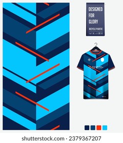 Soccer jersey pattern design. Chevron pattern on blue background for soccer kit, football kit, cycling, e-sport, basketball, t shirt mockup template. Fabric pattern. Abstract background. Vector.