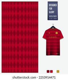 Soccer jersey pattern design. Diamond pattern on red background for soccer kit, football kit, e-sport, basketball, t shirt mockup template. Fabric pattern. Abstract background. Vector Illustration.