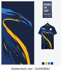 Soccer Jersey Pattern Design. Dragon Pattern On Dark Blue Background For Soccer Kit, Football Kit, Bicycle, Basketball, Tshirt Mockup Template. Geometric Fabric Pattern. Abstract Background. Vector.