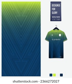 Soccer jersey pattern design. Ethnic pattern on green background for soccer kit, football kit, cycling, e-sport, basketball, t shirt mockup template. Fabric pattern. Abstract background. Vector.
