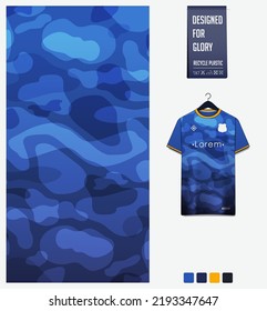 Soccer jersey pattern design. Fluid pattern on blue background for soccer kit, football kit, bicycle, e-sport, basketball, t shirt mockup template. Fabric pattern. Abstract background. Vector.