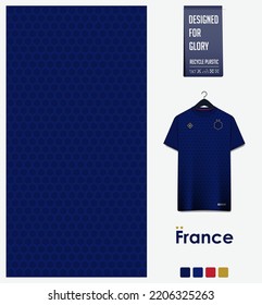 Soccer jersey pattern design. France flag  pattern on blue background for soccer kit, football kit, bicycle, e-sport, basketball, t shirt mockup template. Fabric pattern. Abstract background. Vector.