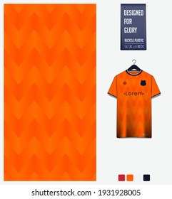 Soccer jersey pattern design. Geometric pattern on orange abstract background for soccer kit, football kit, e-sport, basketball, t-shirt mockup template. Fabric pattern. Sport background. Vector.