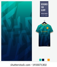 Fußball Jersey Muster Design. Geometrisches Muster auf grünem abstraktem Hintergrund für Fußballkit, Fußballkit, E-Sport, Basketball, T-Shirt-Mockup-Vorlage. Stoffmuster. Sporthintergrund. Vektorgrafik.