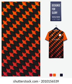 Soccer jersey pattern design. Geometric pattern on orange abstract background for soccer kit, football kit, bicycle, e-sport, basketball, t-shirt mockup template.Fabric pattern.Sport background.Vector